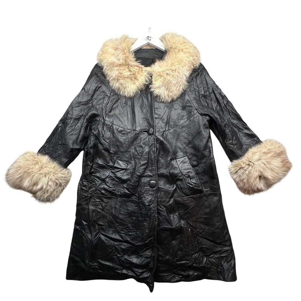 Vintage 60s 70s Black Leather Fox Fur Swing Coat Womens 13/14 Large Trench